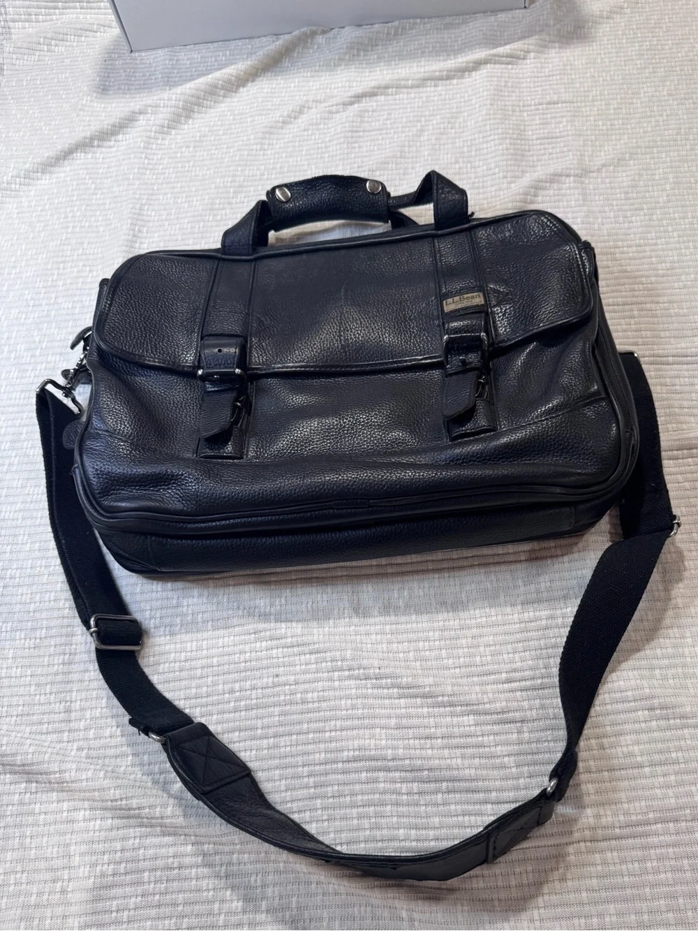 Vintage LL Bean Black Pebbled Leather Laptop Briefcase Messenger Bag Expandable